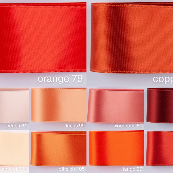 Satin ribbon orange in swiss quality and 100 colors. For tailoring, crafts, deco, gifts, wreaths, floristry, DIY. Width: 2.5 cm, 4 cm, 5 cm