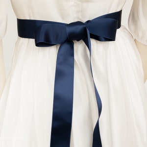 Satin ribbon for dress belt, dirndl bow in navy, dark blue, gray blue, light blue, Dusty Blue, Indigo. Swiss quality, 100 colors, 3 widths image 3