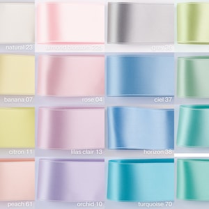 Nastro di raso, 7 larghezze, 100 colori. Qualità svizzera per sartoria, gioielleria, decorazione, floricoltura. Pastello, blu, rosa, verde