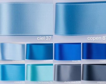 Satin ribbon light blue, blue, baby blue in widths 25, 40, 50 mm. For baptism, tailoring, crafting, decorating. Swiss quality, 100 colors