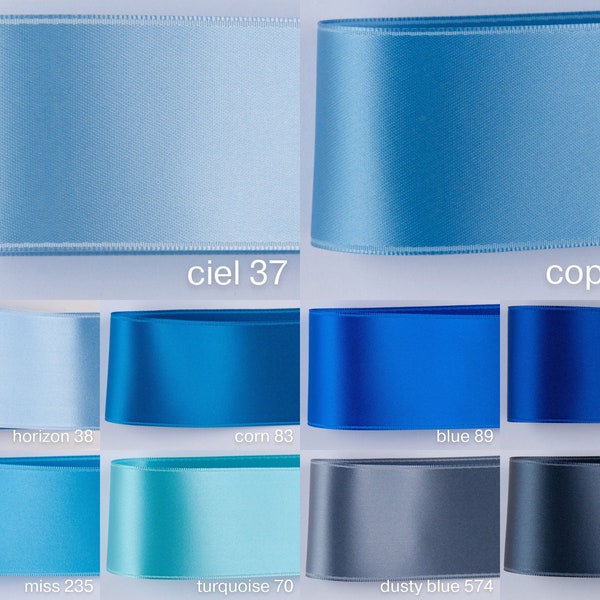 Satin ribbon light blue, blue, baby blue in widths 25, 40, 50 mm. For baptism, tailoring, crafting, decorating. Swiss quality, 100 colors