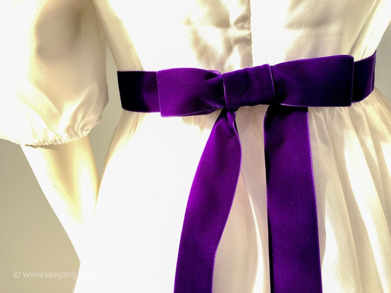 Velvet belt with perfect bow in purple, lavender, lilac, mauve. 72 colors in 3 widths. Swiss quality for wedding and prom dress or ballgown Purple 638