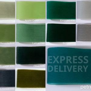 Op de afbeelding: Een verzameling van 12 fluwelen lintstalen in verschillende tinten groen, grijs en blauw. De lintstalen zijn gelabeld met hun kleurennamen en bijbehorende nummers. De tekst "EXPRESS DELIVERY" is in wit gedrukt op een teal lintstaal. De onderste lintstaal is gelabeld "petrol 654".