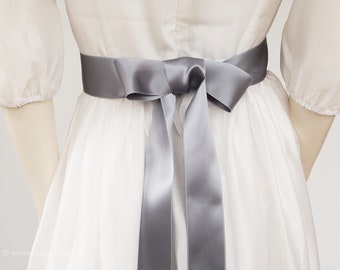 Light gray satin belt, Dresses up for wedding, silver wedding, registry office, ball gown. 100 colours in Swiss quality. Price per meter.