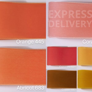 Nastro di velluto nei colori arancio, albicocca, corallo e 72. 4 larghezze in qualità svizzera per sartoria, artigianato, decorazione.