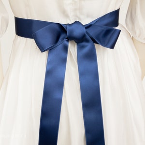 Satin ribbon for dress belt, dirndl bow in navy, dark blue, gray blue, light blue, Dusty Blue, Indigo. Swiss quality, 100 colors, 3 widths Blau