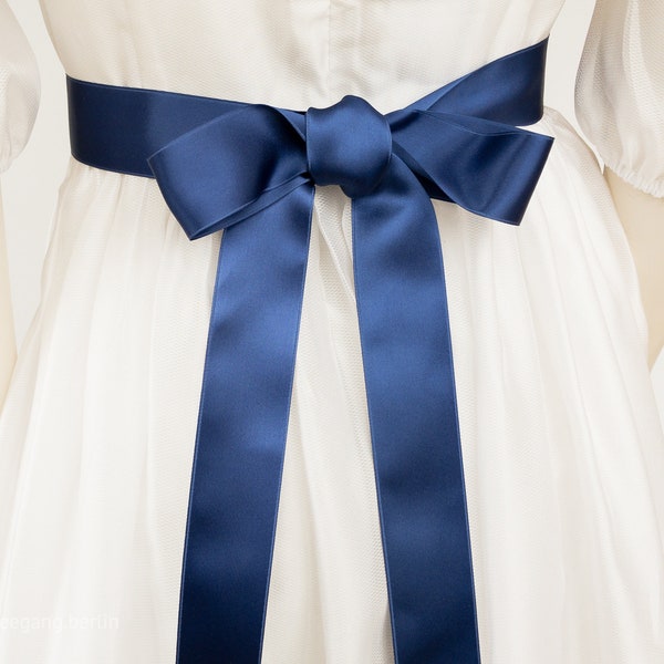 Satin ribbon for dress belt, dirndl bow in navy, dark blue, gray blue, light blue, Dusty Blue, Indigo. Swiss quality, 100 colors, 3 widths