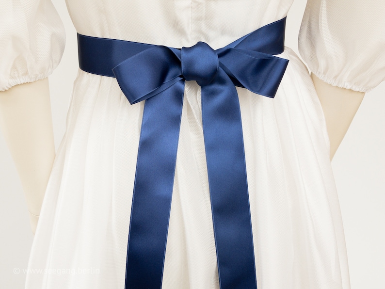 Satin ribbon for dress belt, dirndl bow in navy, dark blue, gray blue, light blue, Dusty Blue, Indigo. Swiss quality, 100 colors, 3 widths Blau