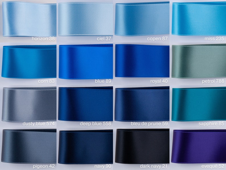 Satin ribbon for dress belt, dirndl bow in navy, dark blue, gray blue, light blue, Dusty Blue, Indigo. Swiss quality, 100 colors, 3 widths Petrol 788