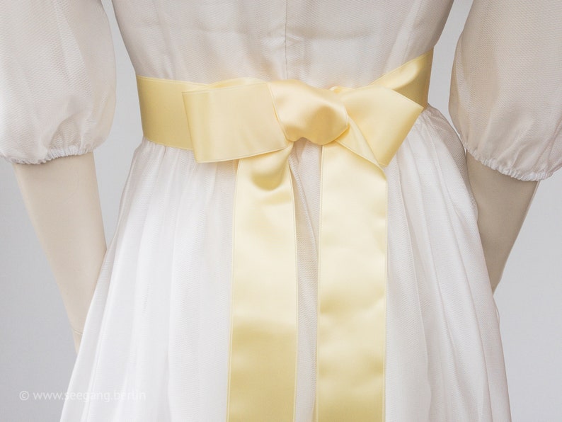 Satin ribbon for bow belt, dirndl bow. Yellow, Empire, Blazing, Vanilla, Gold, Pastel. Swiss quality in 100 colors and 3 widths. Yard goods. Banana 07