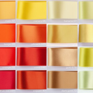 Satin ribbon for bow belt, dirndl bow. Yellow, Empire, Blazing, Vanilla, Gold, Pastel. Swiss quality in 100 colors and 3 widths. Yard goods. image 6