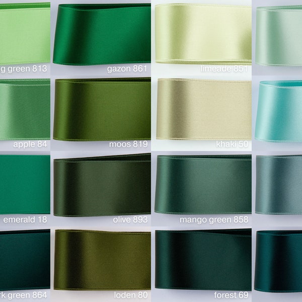 Satinband Grüntöne Emerald, Jade und 100 Farben, 7 Breiten 3, 6, 10, 16, 25, 40, 50 mm. Schweizer Qualität. Schneiderei, Geschenke, Kränze.