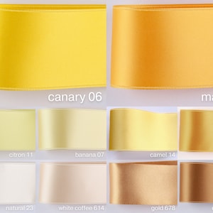 Nastro di raso, giallo. Larghezze 2.5, 4, 5 cm. Per la sartoria, l'artigianato, la decorazione, ghirlande. Qualità Svizzera in 100 colori!
