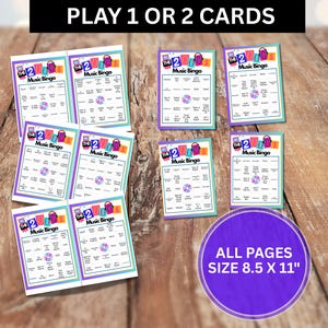 May include: A selection of music bingo cards with a purple, teal, and white border. The text "PLAY 1 OR 2 CARDS" is at the top. A purple circle at the bottom reads "ALL PAGES SIZE 8.5 X 11". The cards are printed on A4 paper.