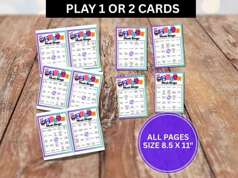 May include: A selection of music bingo cards with a purple, teal, and white border. The text "PLAY 1 OR 2 CARDS" is at the top. A purple circle at the bottom reads "ALL PAGES SIZE 8.5 X 11". The cards are printed on A4 paper.