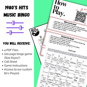 K&ouml;nnte beinhalten: Ein farbenfrohes 1980er Hits Music Bingo-Spielset. Enth&auml;lt PDF-Dateien, ein 100-seitiges Bingo-Spiel (21,6 x 27,9 cm), eine Anrufliste, Spielanweisungen und Zugang zu einer benutzerdefinierten Playlist. Mit einem QR-Code zum Scannen.