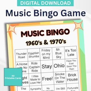 1960年代＆1970年代の印刷可能な音楽ビンゴゲーム | カード50枚 + プレイリスト + 説明書 + マーカー
