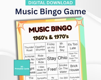 Printable Music Bingo Game | 1960s & 1970s | 50 Cards + Playlist + Instructions + Markers