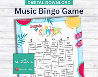 Summer Songs Music Bingo Game: 100 Printable Cards, Playlist (Digital Download)