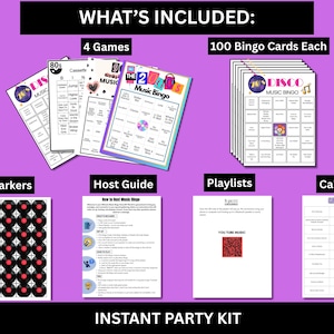 May include: An instant party kit with the text "WHAT'S INCLUDED" and "INSTANT PARTY KIT". The kit includes 4 games, 100 bingo cards, markers, a host guide, playlists, and call lists. The bingo cards are themed around music from the 70s, 80s, and 2000s.