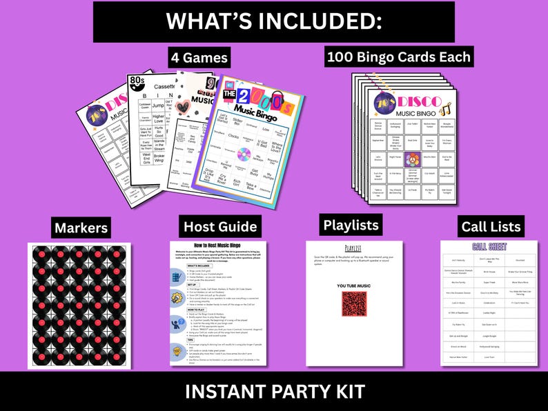 May include: An instant party kit with the text "WHAT'S INCLUDED" and "INSTANT PARTY KIT". The kit includes 4 games, 100 bingo cards, markers, a host guide, playlists, and call lists. The bingo cards are themed around music from the 70s, 80s, and 2000s.