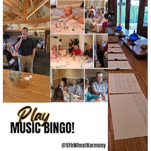 May include: A collage of images showing people playing Music Bingo. The phrase "Play Music Bingo!" is displayed in a stylized font. People are seated at tables, some with drinks and cards. A man is speaking into a microphone.