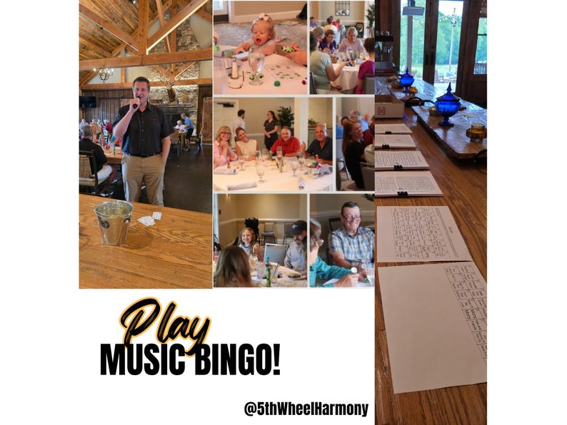 May include: A collage of images showing people playing Music Bingo. The phrase "Play Music Bingo!" is displayed in a stylized font. People are seated at tables, some with drinks and cards. A man is speaking into a microphone.