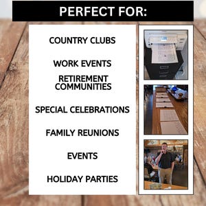 May include: Image with text reading "PERFECT FOR: COUNTRY CLUBS, WORK EVENTS, RETIREMENT COMMUNITIES, SPECIAL CELEBRATIONS, FAMILY REUNIONS, EVENTS, HOLIDAY PARTIES." Includes photos of a printer, tables with papers, and a person.