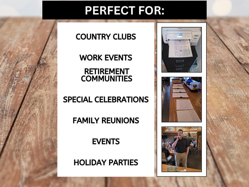 May include: Image with text reading "PERFECT FOR: COUNTRY CLUBS, WORK EVENTS, RETIREMENT COMMUNITIES, SPECIAL CELEBRATIONS, FAMILY REUNIONS, EVENTS, HOLIDAY PARTIES." Includes photos of a printer, tables with papers, and a person.