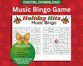 Druckbare Musik Bingo | Weihnachtslieder |Digitaler Download 100 Bingo Karten | Playlist + Hosting-Leitfaden enthalten