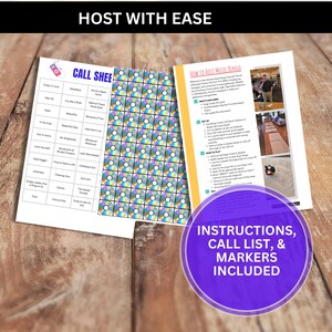 May include: Printed music bingo game materials, including a call sheet, instructions, and markers. The call sheet features song titles. The instructions are on a separate page with a photo. A purple circle states "Instructions, Call List, & Markers Included".