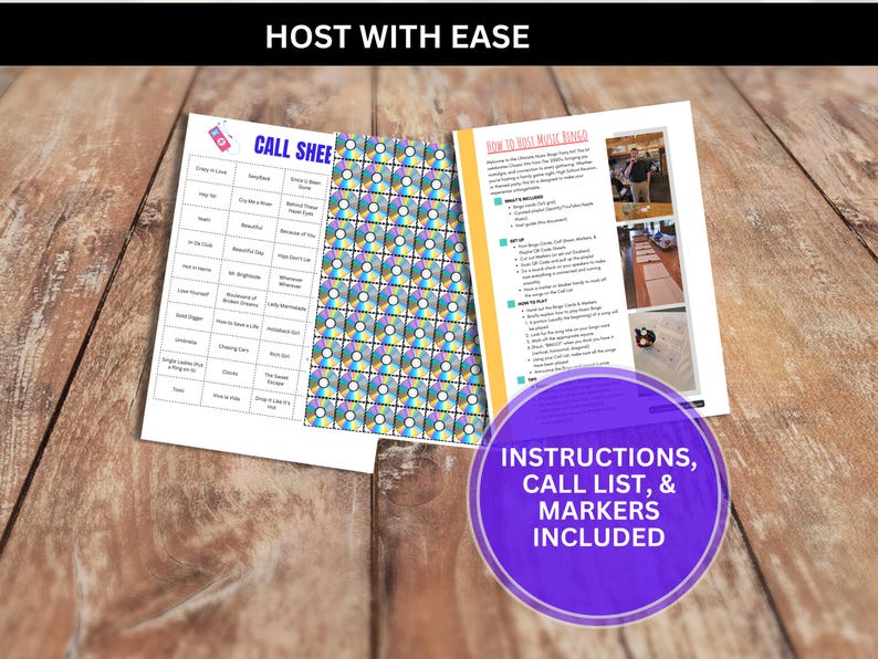 May include: Printed music bingo game materials, including a call sheet, instructions, and markers. The call sheet features song titles. The instructions are on a separate page with a photo. A purple circle states "Instructions, Call List, & Markers Included".