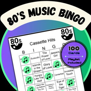 80年代ミュージックビンゴゲームキット：印刷可能なカード50枚、プレイリスト（デジタルダウンロード）