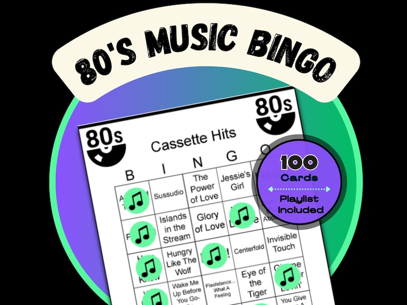 K&ouml;nnte beinhalten: Eine farbenfrohe 80er-Jahre Musik-Bingo-Spielkarte mit einem Retro-Kassetten-Design. Die Karte zeigt Songtitel aus den 1980er Jahren, mit einem lila Kreis, der 100 Karten und eine enthaltene Playlist anzeigt. Der Text "80's Music Bingo" steht oben.