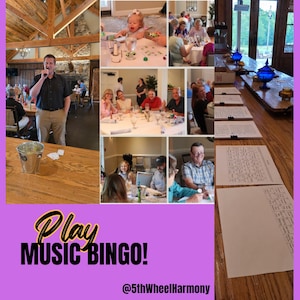 May include: A collage of images showing people playing Music Bingo. The phrase "Play Music Bingo!" is written in black and gold script. The images show people at tables, with a man speaking into a microphone.