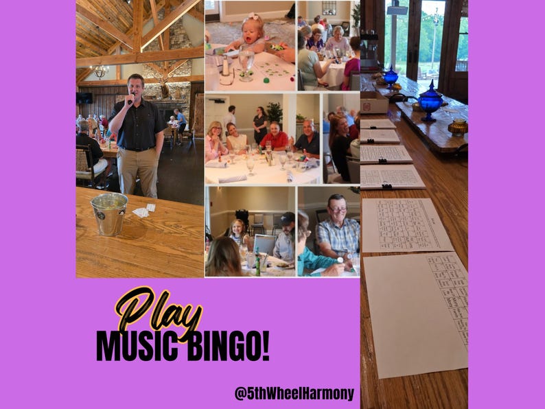 May include: A collage of images showing people playing Music Bingo. The phrase "Play Music Bingo!" is written in black and gold script. The images show people at tables, with a man speaking into a microphone.