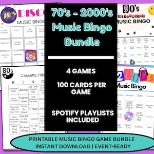 May include: A collection of printable music bingo games covering the 70s, 80s, 90s, and 2000s. The bundle includes four games, each with 100 cards, and Spotify playlists. The image text reads "Printable Music Bingo Game Bundle, Instant Download, Event-Ready."