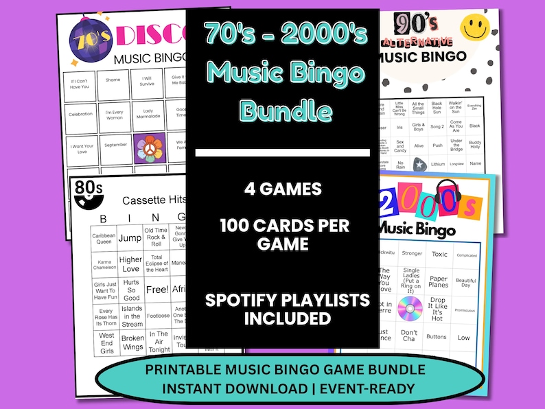 May include: A collection of printable music bingo games covering the 70s, 80s, 90s, and 2000s. The bundle includes four games, each with 100 cards, and Spotify playlists. The image text reads "Printable Music Bingo Game Bundle, Instant Download, Event-Ready."
