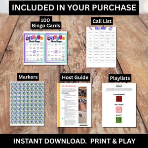 May include: Printable music bingo game pack, including 100 bingo cards, a call list, markers, a host guide, and playlists for YouTube Music, Apple Music, and Spotify. The text "INSTANT DOWNLOAD. PRINT & PLAY" is also visible.