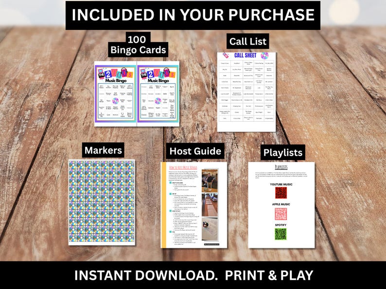 May include: Printable music bingo game pack, including 100 bingo cards, a call list, markers, a host guide, and playlists for YouTube Music, Apple Music, and Spotify. The text "INSTANT DOWNLOAD. PRINT & PLAY" is also visible.