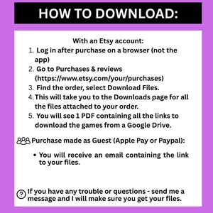May include: A white document on a purple background with the text "HOW TO DOWNLOAD:" in a black rectangle. Instructions detail how to download files after purchase on Etsy, including steps for Etsy account holders and guest purchasers.