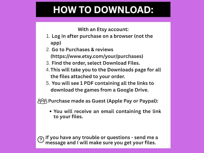 May include: A white document on a purple background with the text "HOW TO DOWNLOAD:" in a black rectangle. Instructions detail how to download files after purchase on Etsy, including steps for Etsy account holders and guest purchasers.
