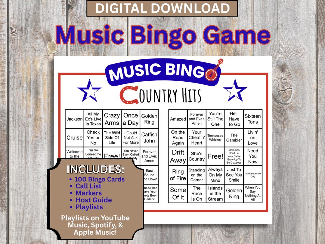 Music Bingo | Country Hits | Digital Download 100 Bingo Cards ...