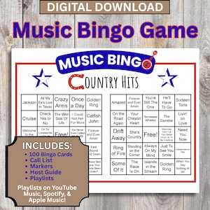 May include: A digital download of a Music Bingo Game with a country music theme. The game includes 100 bingo cards, a call list, markers, a host guide, and playlists on YouTube, Spotify, and Apple Music. The game features a red, white, and blue color scheme.