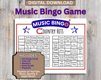 Music Bingo | Country Hits | Digital Download 100 Bingo Cards | Playlist + Hosting Guide Included