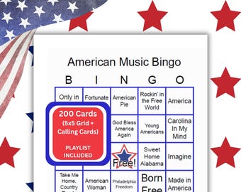 American Music Bingo Game | Memorial Day | 4th of July | 200 Cards + Playlist (Digital Download)
