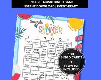 Juego de bingo musical Beach Bash / Lista de reproducción de éxitos de verano / 100 tarjetas imprimibles / Descarga digital /