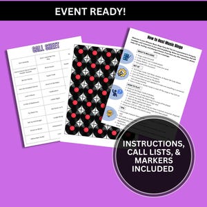 May include: A music bingo kit with instructions, call lists, and markers. The kit includes a call sheet with song titles, a page of vinyl record graphics, and a guide on how to play. The text "EVENT READY!" is at the top.