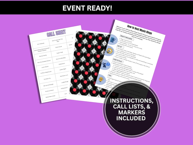 May include: A music bingo kit with instructions, call lists, and markers. The kit includes a call sheet with song titles, a page of vinyl record graphics, and a guide on how to play. The text "EVENT READY!" is at the top.