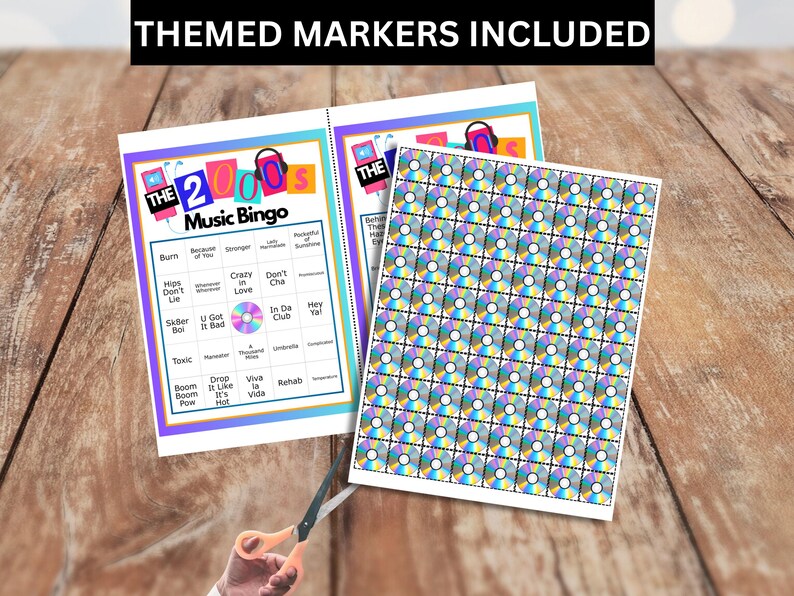 May include: Two sheets of 2000s Music Bingo cards with themed markers. The bingo cards have a colourful design with song titles and the text "THE 2000s Music Bingo". A sheet of matching stickers is also included.
